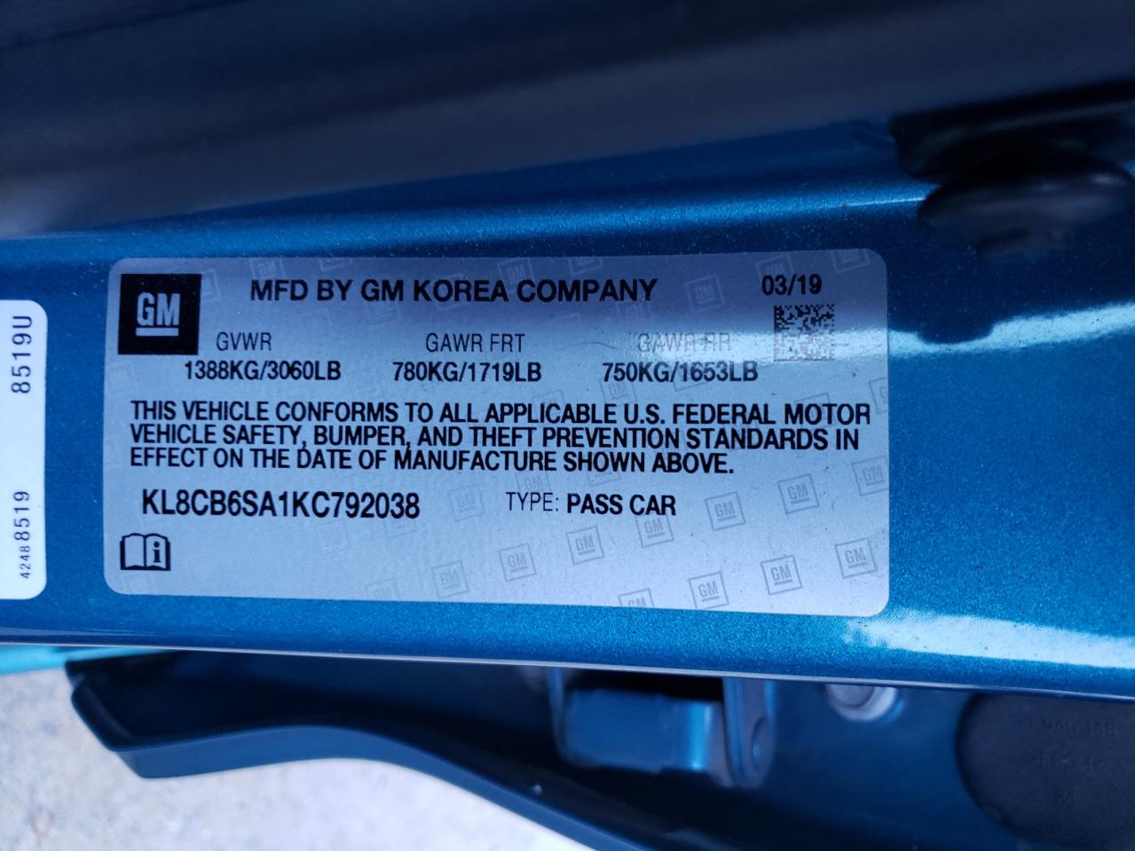 Photo 10 from auction – 2019 CHEVROLET SPARK LS with VIN KL8CB6SA1KC792038