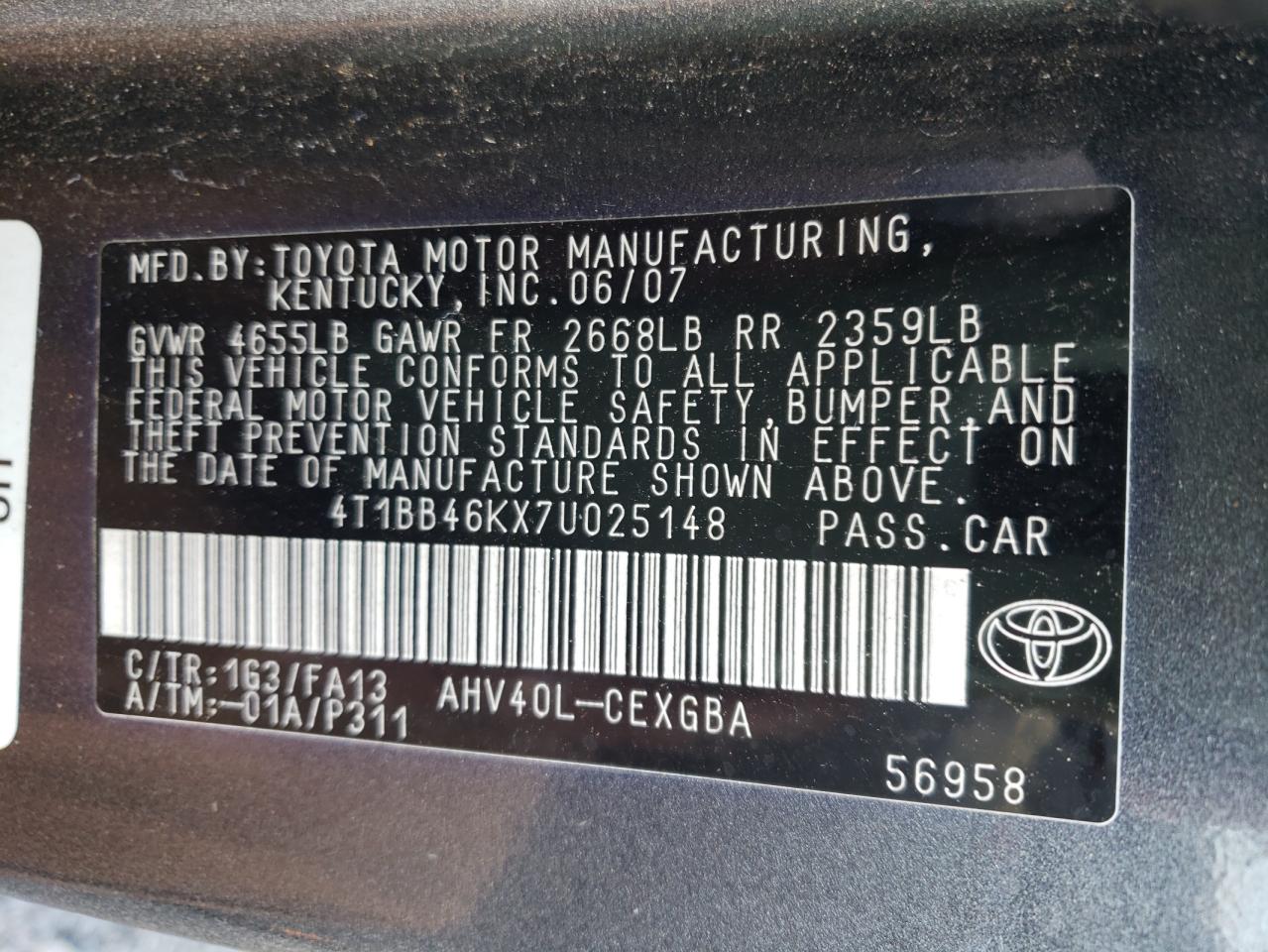 Photo 10 from auction – 2007 TOYOTA CAMRY with VIN 4T1BB46KX7U025148