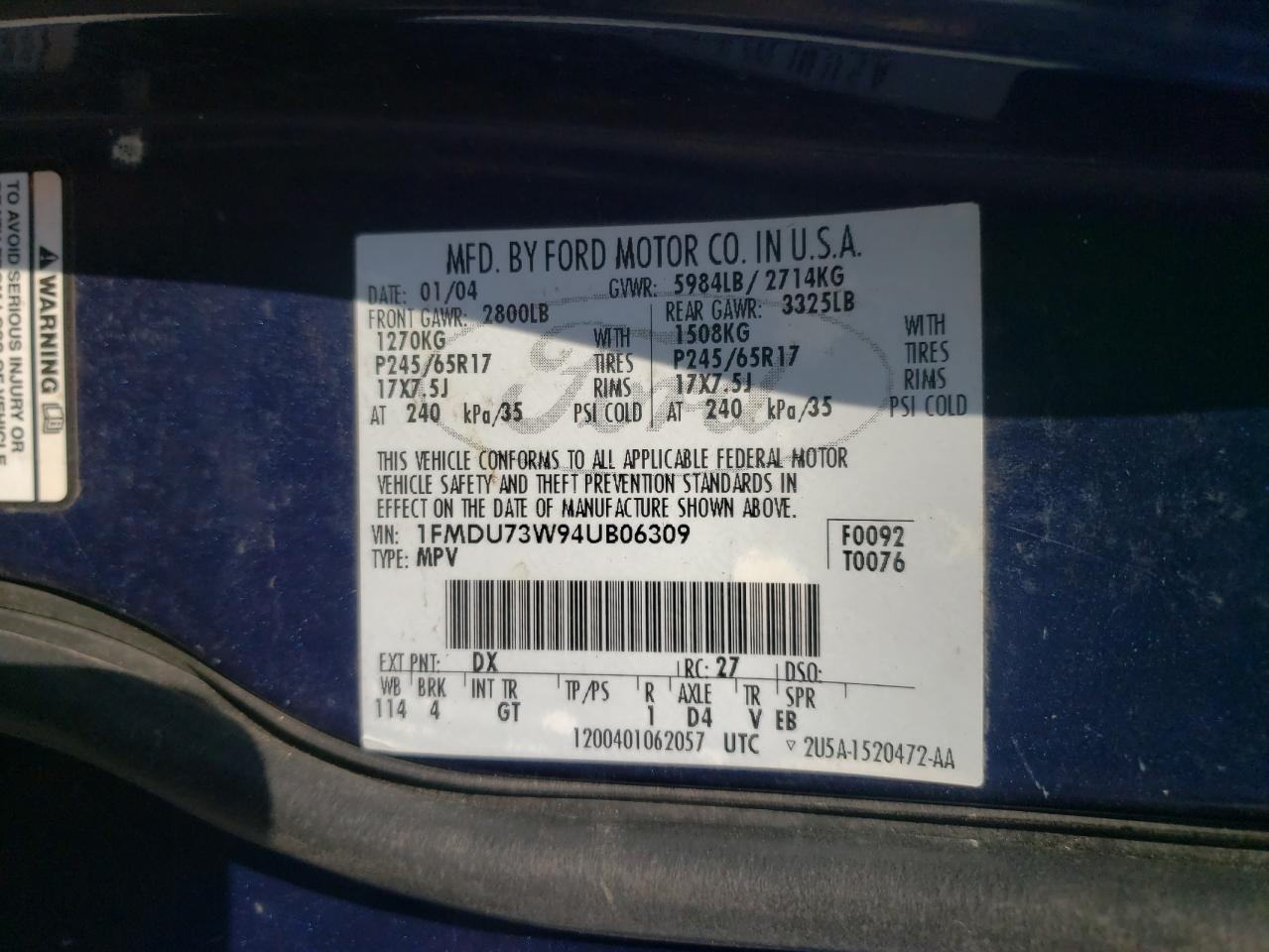 Photo 10 from auction – 2004 FORD EXPLORER X with VIN 1FMDU73W94UB06309
