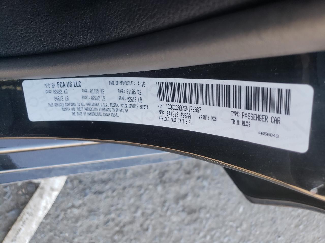 Photo 10 from auction – 2016 CHRYSLER 200 S with VIN 1C3CCCBB7GN172967