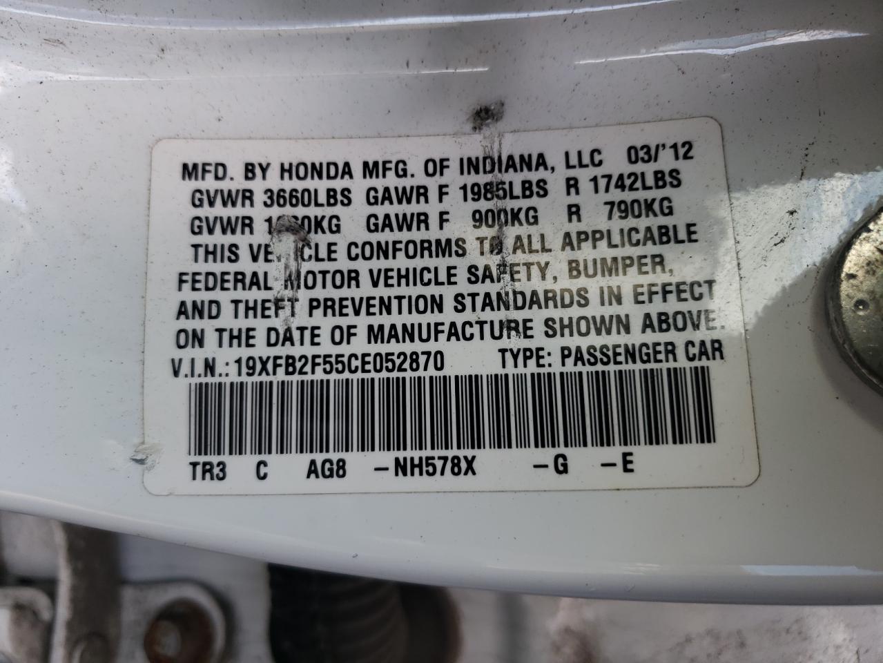 Photo 10 from auction – 2012 HONDA CIVIC LX with VIN 19XFB2F55CE052870