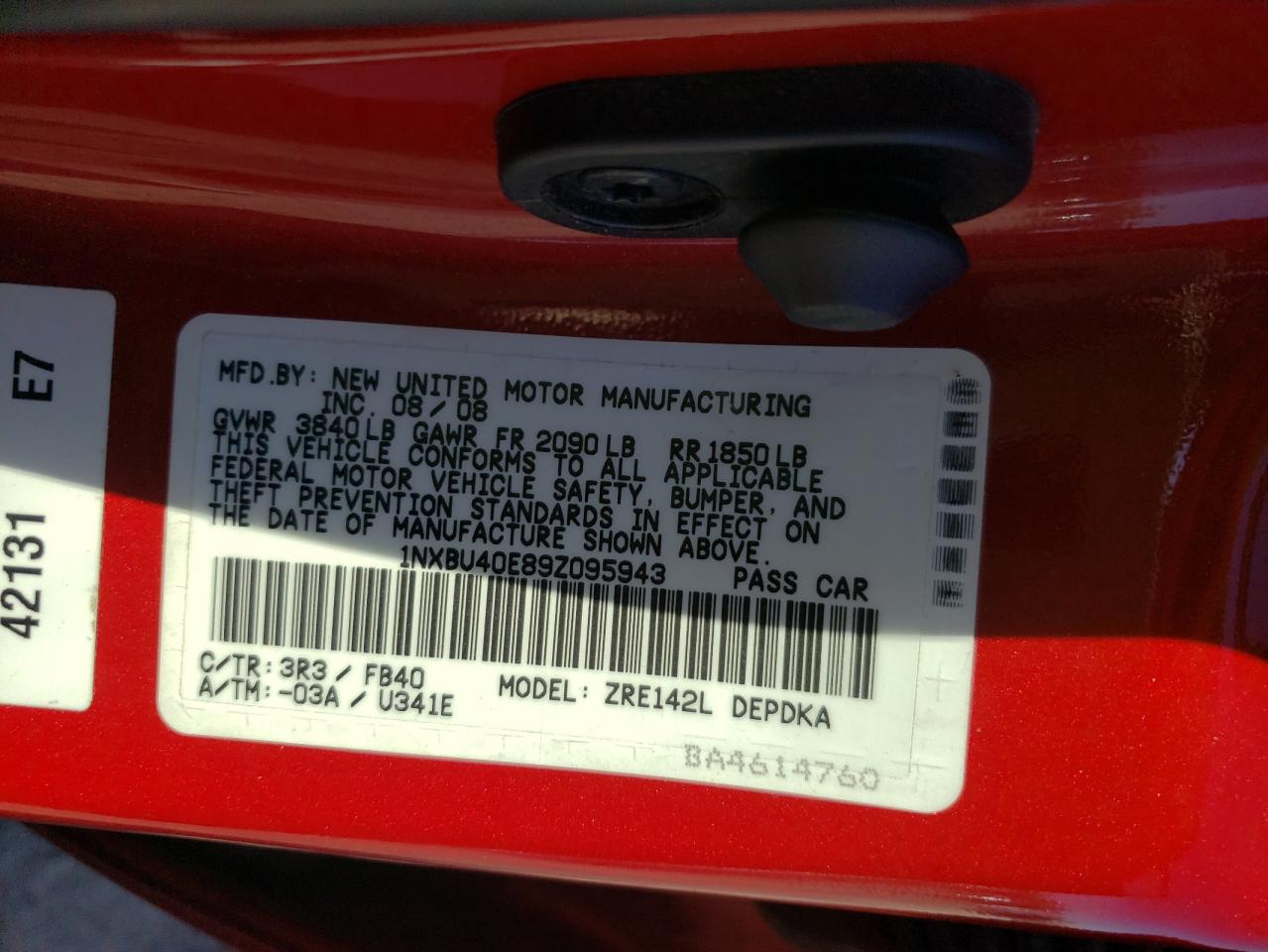Photo 10 from auction – 2009 TOYOTA COROLLA BA with VIN 1NXBU40E89Z095943
