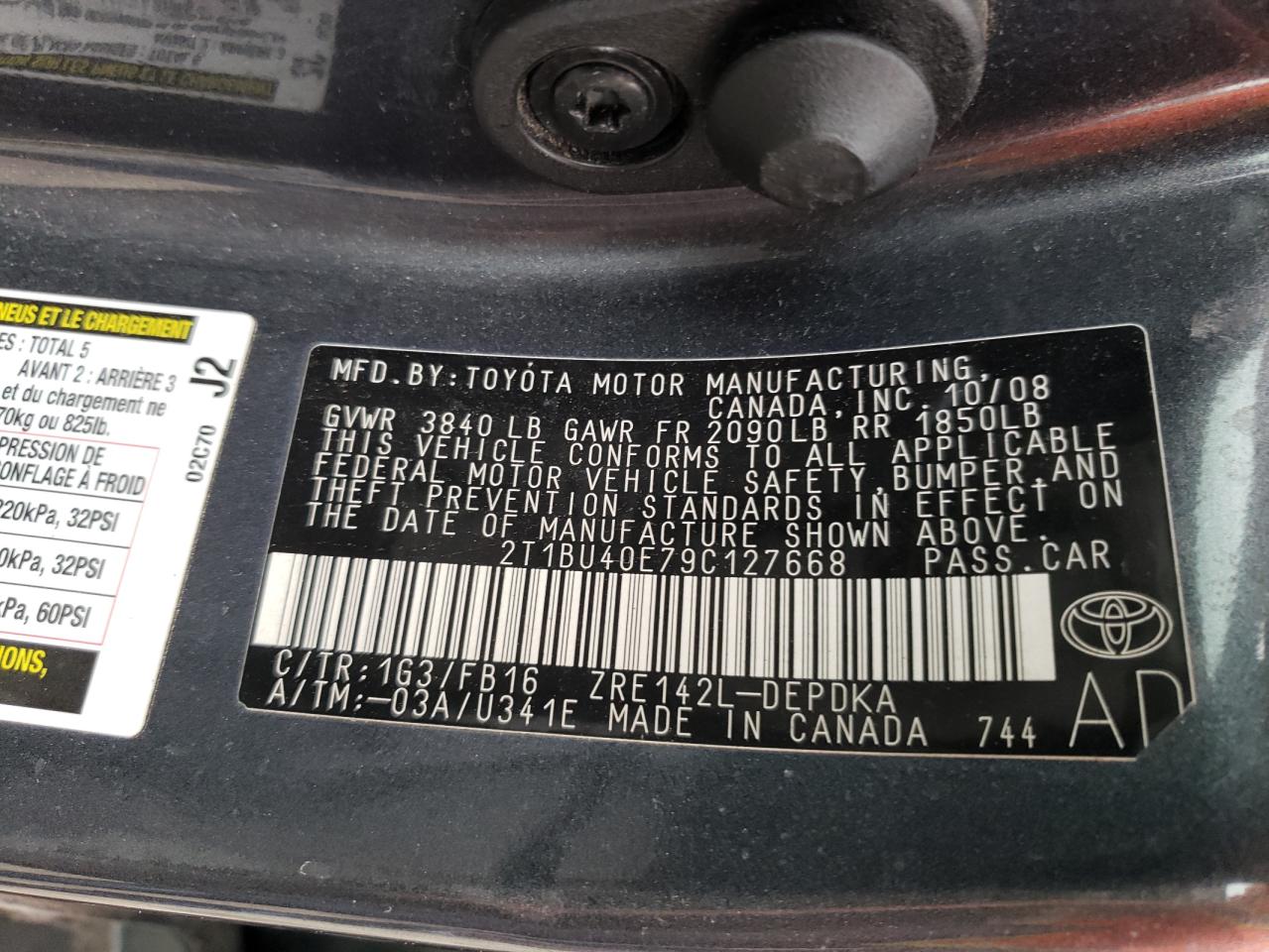 Photo 10 from auction – 2009 TOYOTA COROLLA BA with VIN 2T1BU40E79C127668