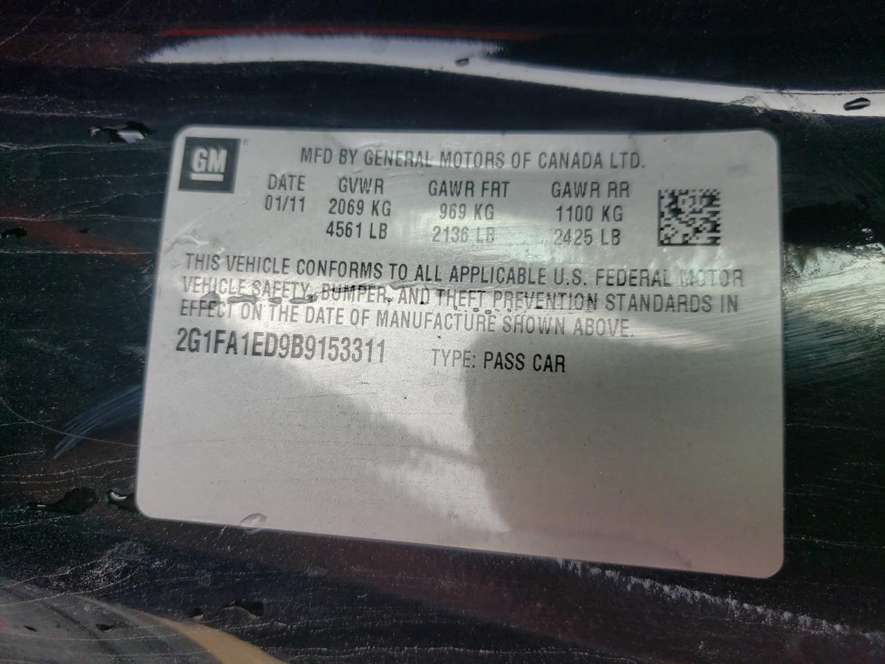 Photo 10 from auction – 2011 CHEVROLET CAMARO LS with VIN 2G1FA1ED9B9153311