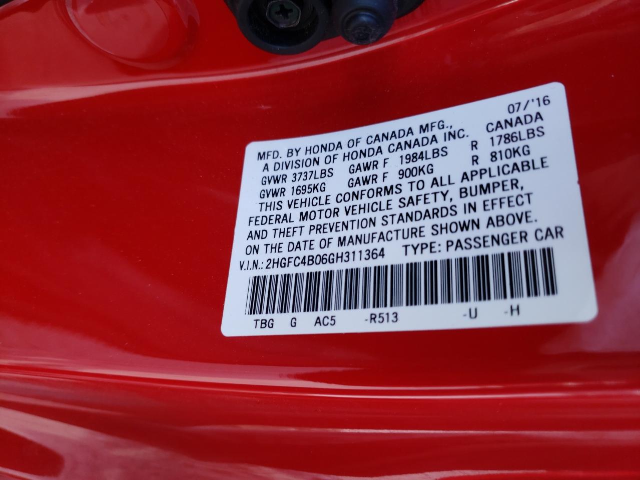 Photo 10 from auction – 2016 HONDA CIVIC LX with VIN 2HGFC4B06GH311364