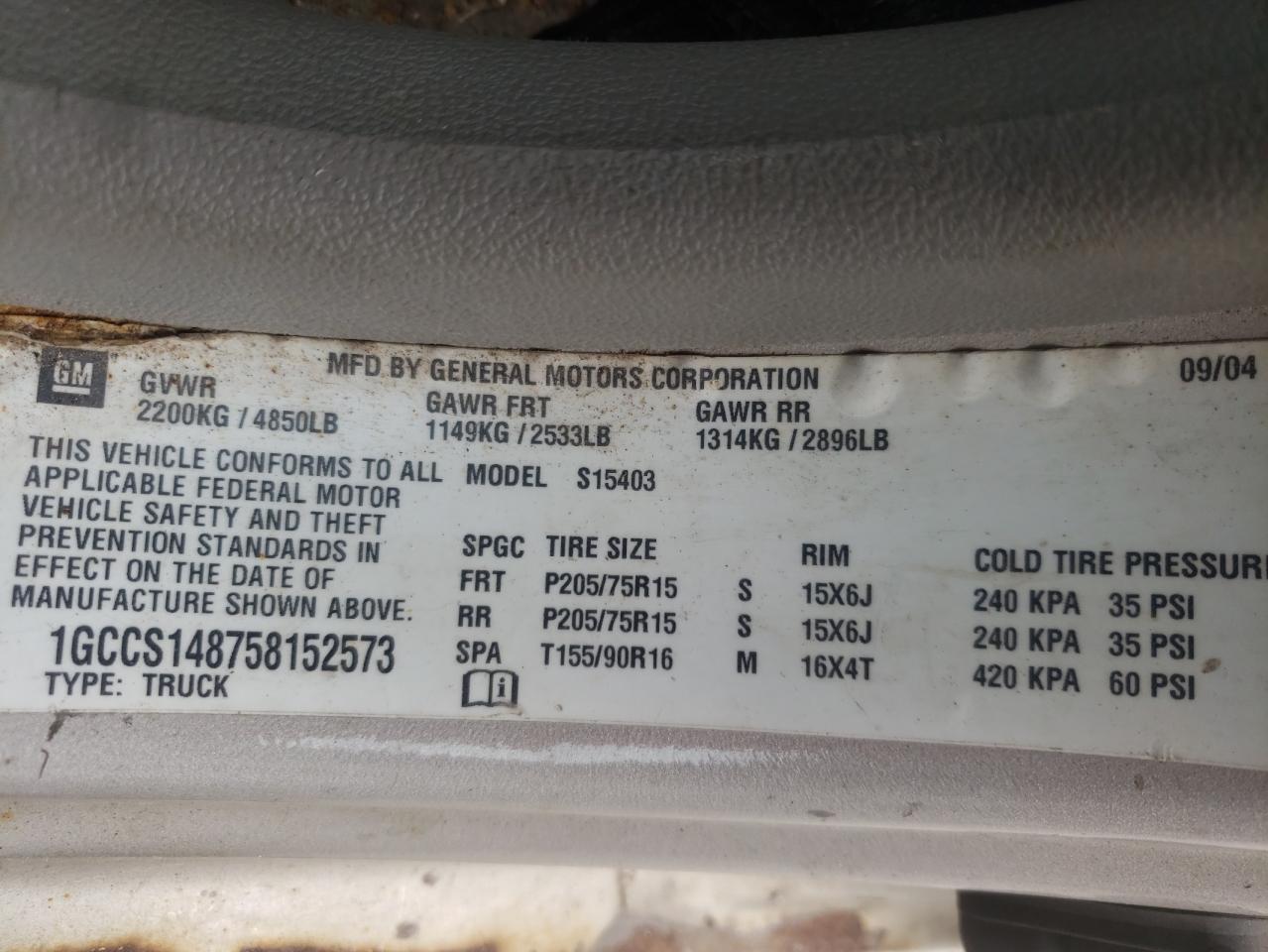 Photo 10 from auction – 2005 CHEVROLET COLORADO with VIN 1GCCS148758152573