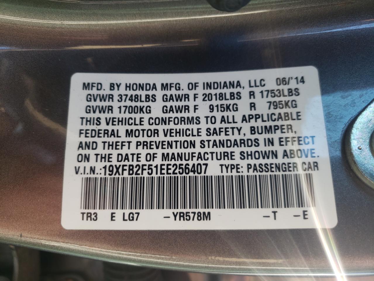 Photo 10 from auction – 2014 HONDA CIVIC LX with VIN 19XFB2F51EE256407