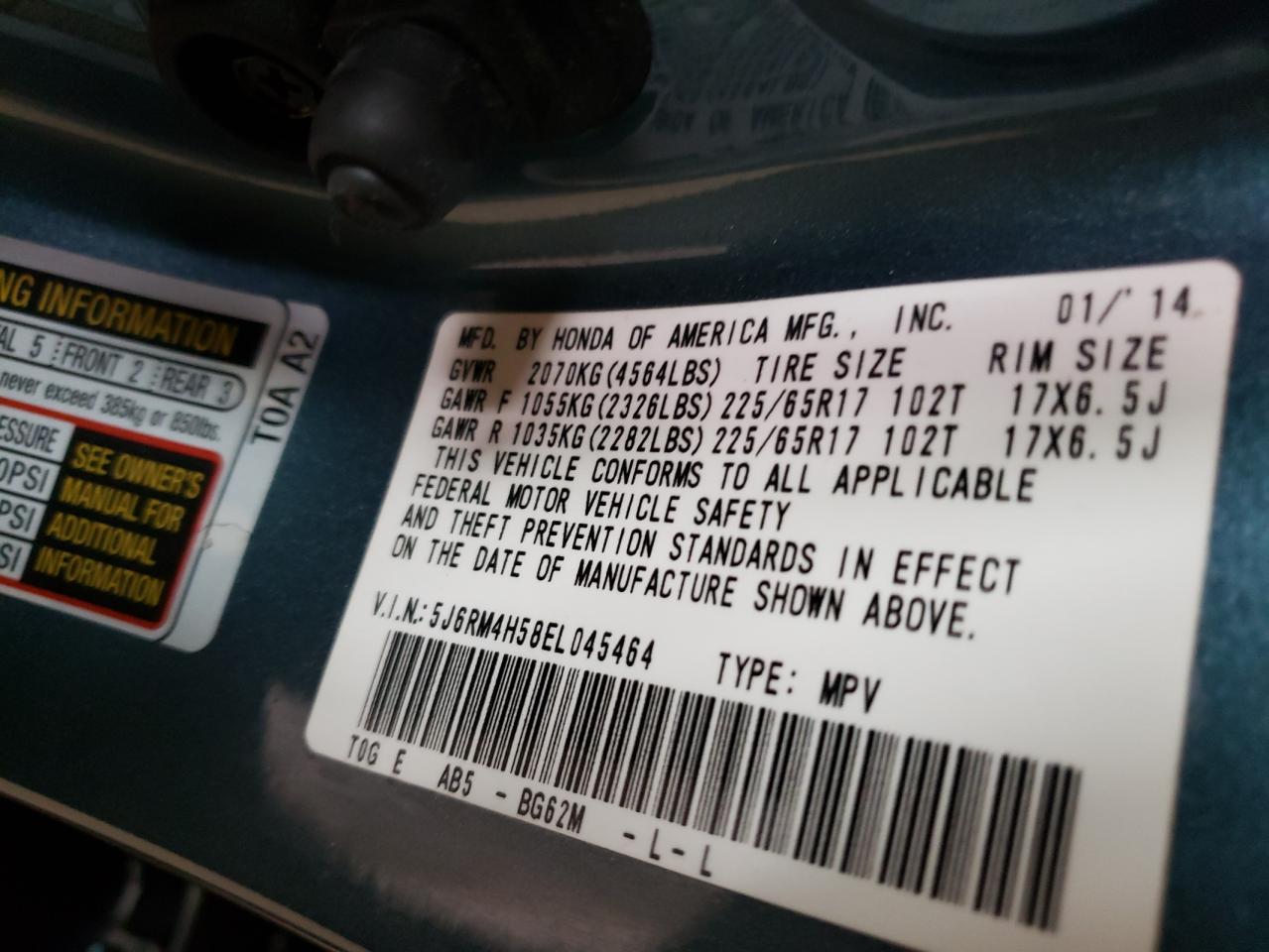 Photo 10 from auction – 2014 HONDA CR-V EX with VIN 5J6RM4H58EL045464