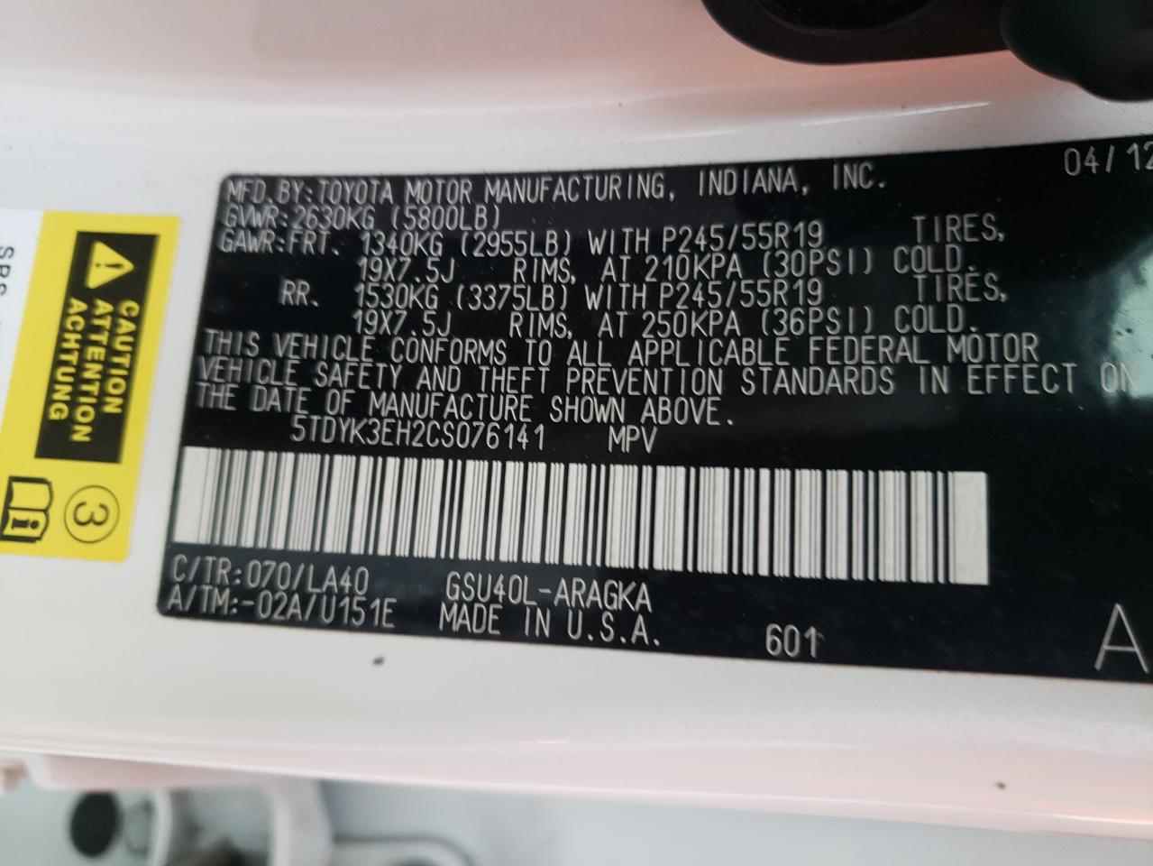 Photo 10 from auction – 2012 TOYOTA HIGHLANDER with VIN 5TDYK3EH2CS076141