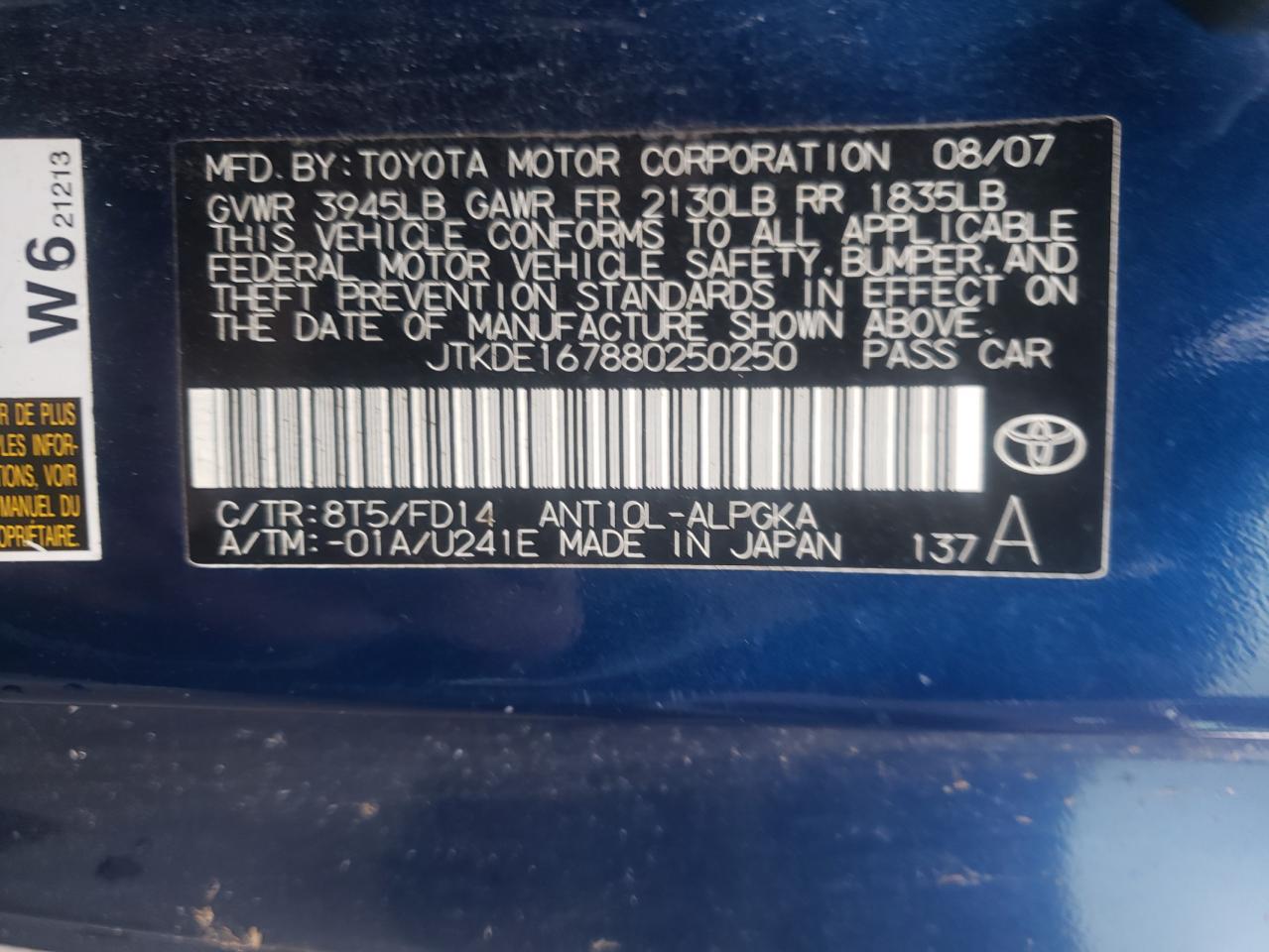 Photo 10 from auction – 2008 TOYOTA SCION TC with VIN JTKDE167880250250