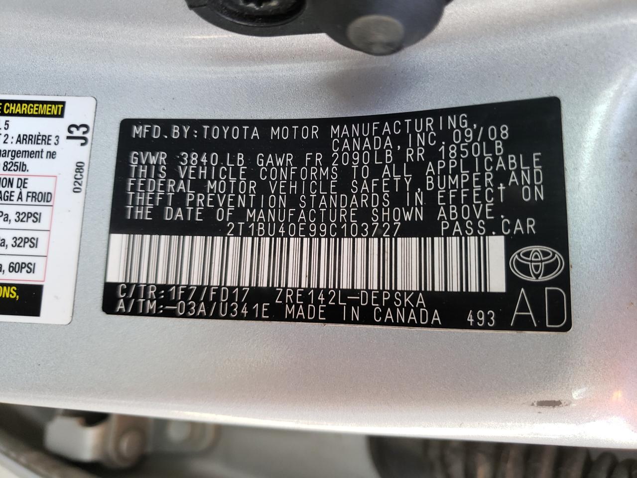 Photo 10 from auction – 2009 TOYOTA COROLLA BA with VIN 2T1BU40E99C103727