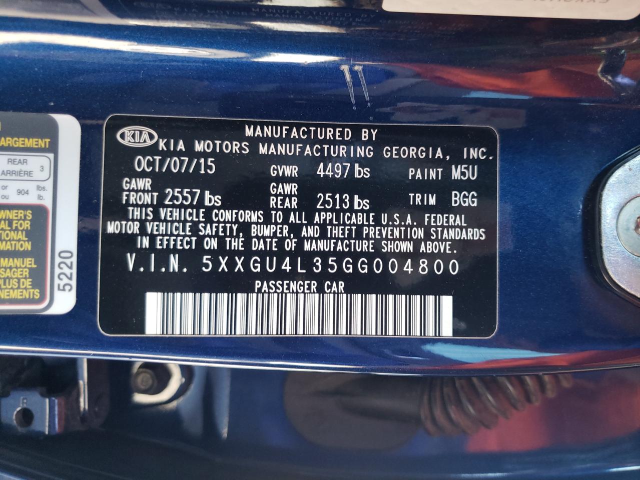 Photo 10 from auction – 2016 KIA OPTIMA EX with VIN 5XXGU4L35GG004800