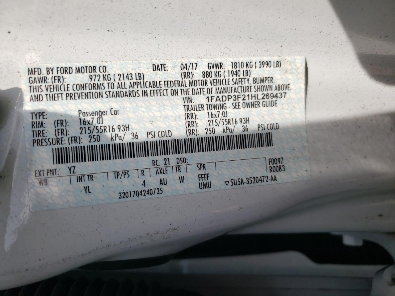 Photo 10 from auction – 2017 FORD FOCUS SE with VIN 1FADP3F21HL269437