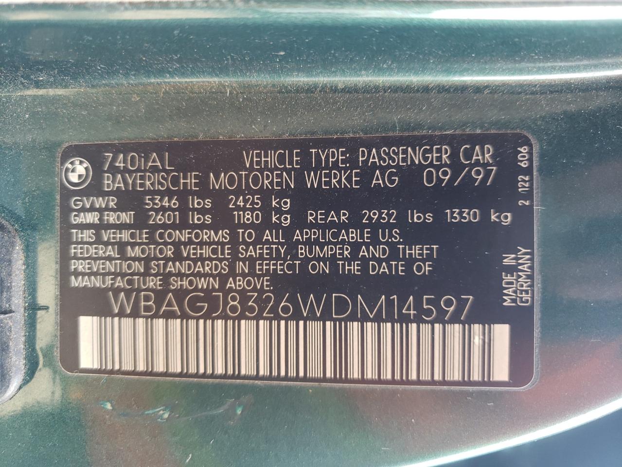 Photo 10 from auction – 1998 BMW 740 IL with VIN WBAGJ8326WDM14597
