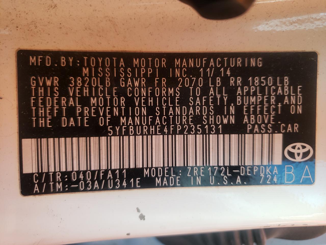 Photo 10 from auction – 2015 TOYOTA COROLLA L with VIN 5YFBURHE4FP235131