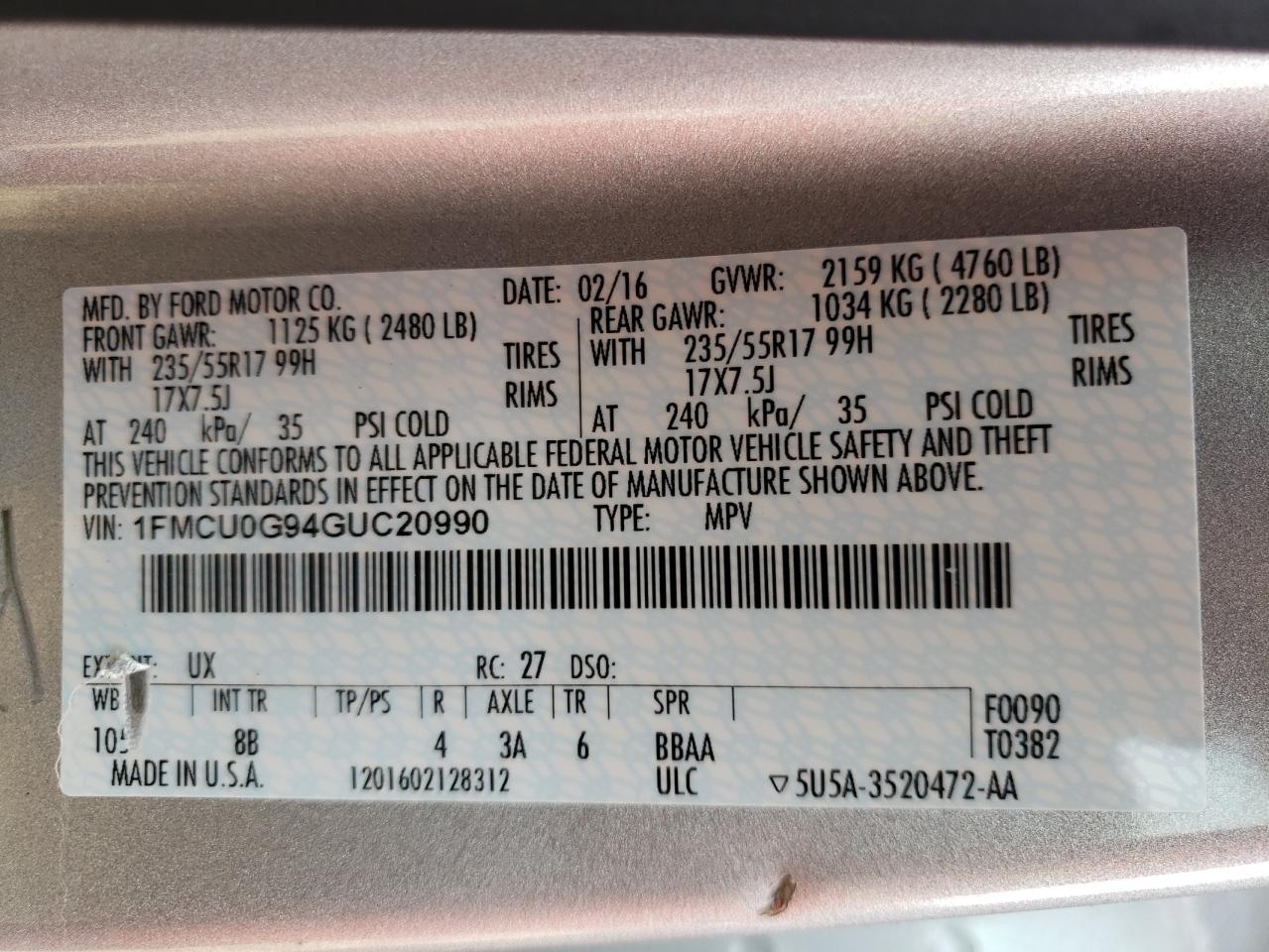 Photo 10 from auction – 2016 FORD ESCAPE SE with VIN 1FMCU0G94GUC20990