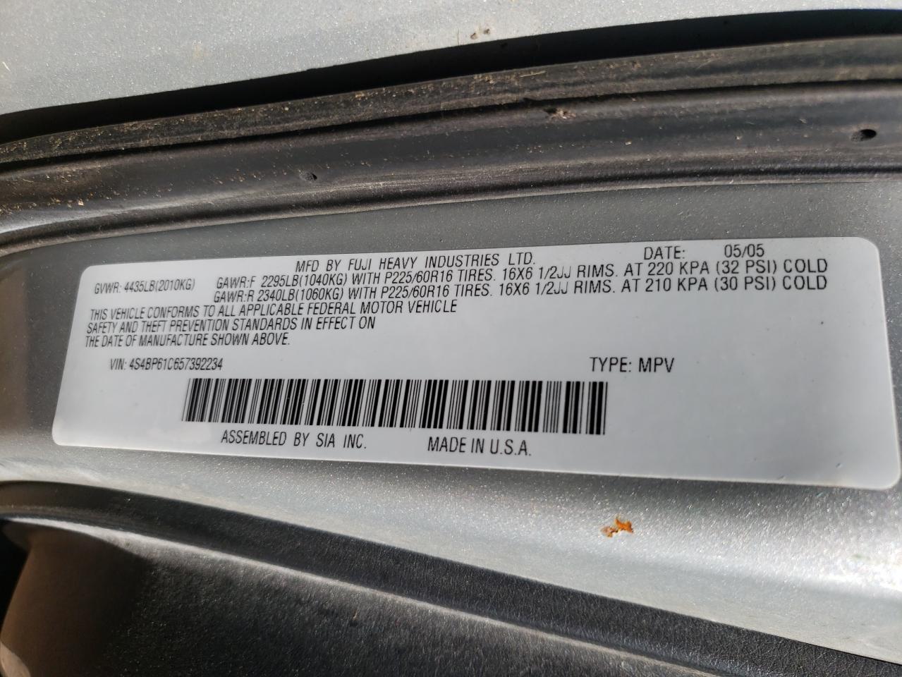 Photo 10 from auction – 2005 SUBARU LEGACY OUT with VIN 4S4BP61C657392234
