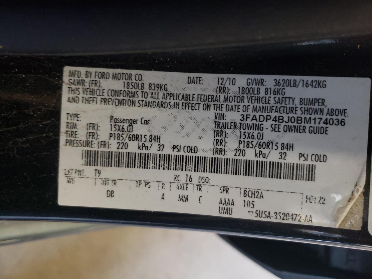 Photo 10 from auction – 2011 FORD FIESTA SE with VIN 3FADP4BJ0BM174036