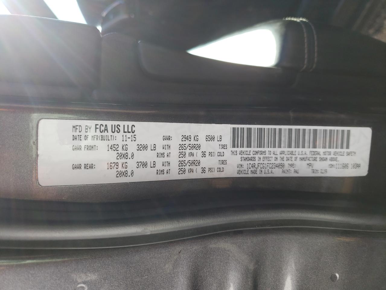 Photo 10 from auction – 2015 JEEP GRAND CHER with VIN 1C4RJFCG1FC234090