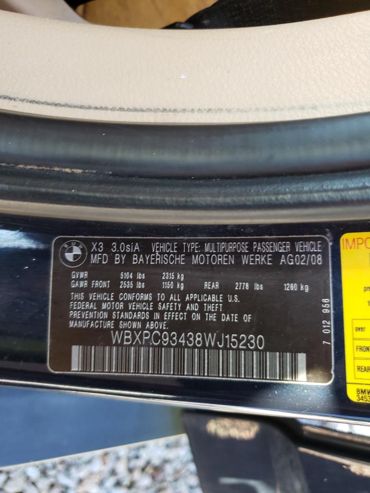 Photo 10 from auction – 2008 BMW X3 3.0SI with VIN WBXPC93438WJ15230