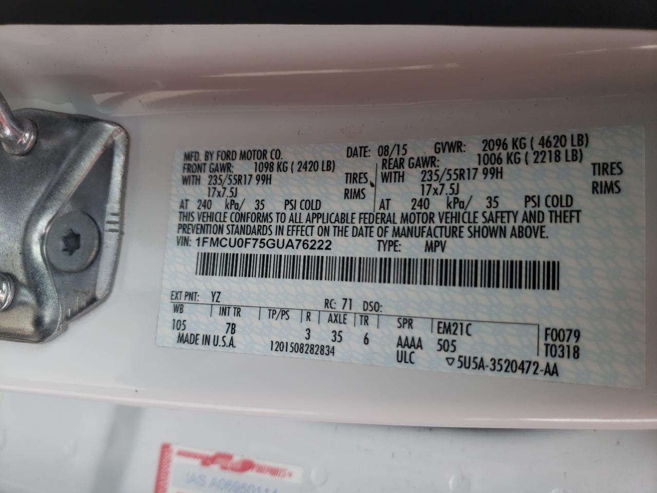 Photo 10 from auction – 2016 FORD ESCAPE S with VIN 1FMCU0F75GUA76222