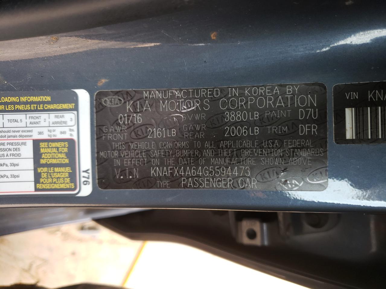 Photo 10 from auction – 2016 KIA FORTE LX with VIN KNAFX4A64G5594473