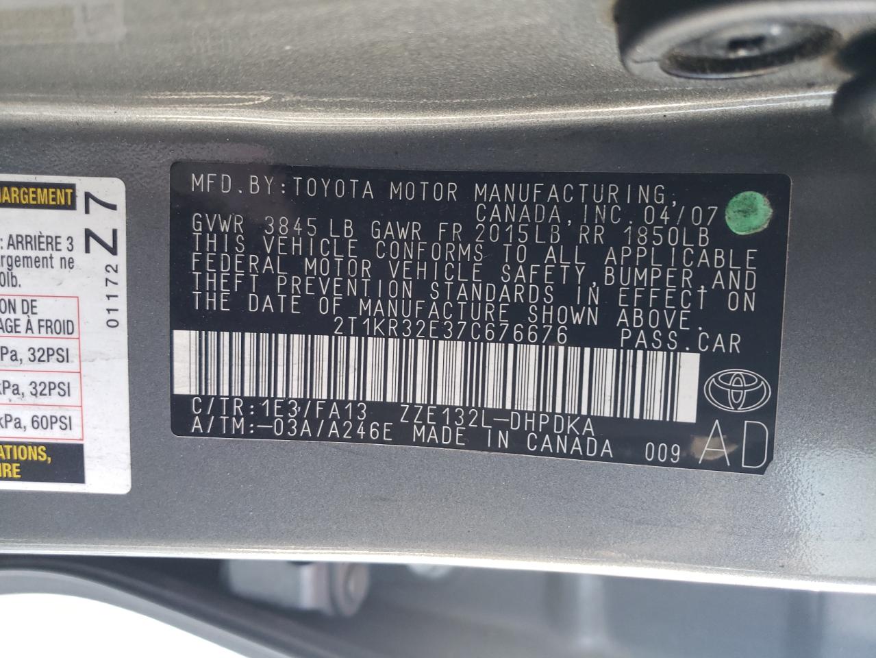 Photo 10 from auction – 2007 TOYOTA COROLLA MA with VIN 2T1KR32E37C676676