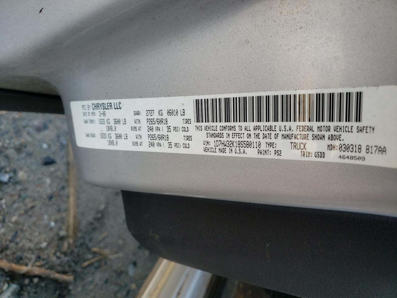 Photo 10 from auction – 2008 DODGE DAKOTA SXT with VIN 1D7HW32K18S580110