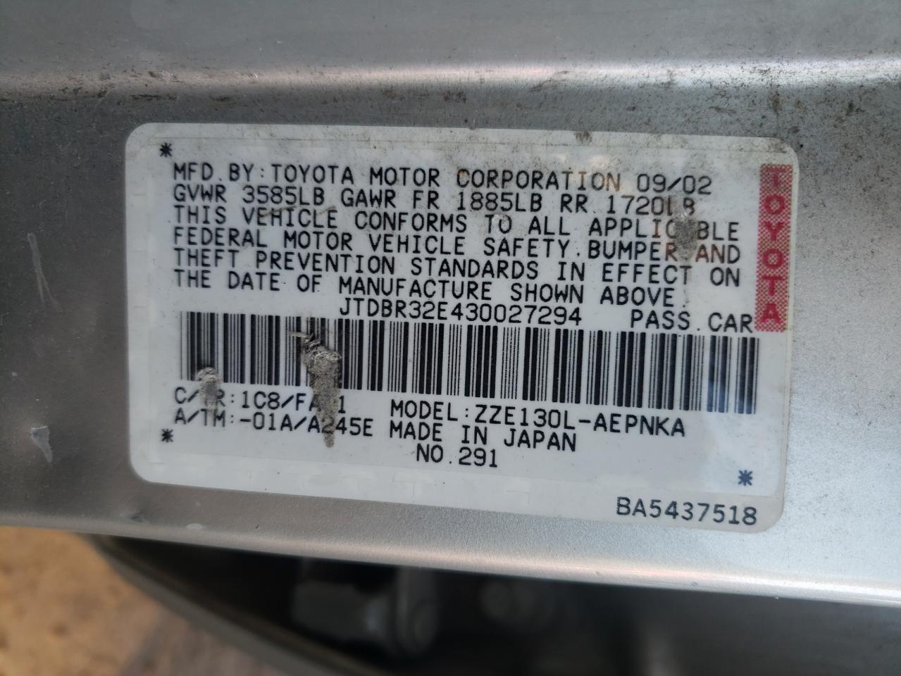 Photo 10 from auction – 2003 TOYOTA COROLLA CE with VIN JTDBR32E430027294