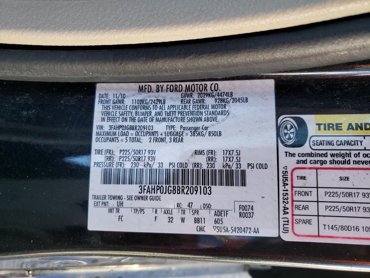 Photo 10 from auction – 2011 FORD FUSION SEL with VIN 3FAHP0JG8BR209103