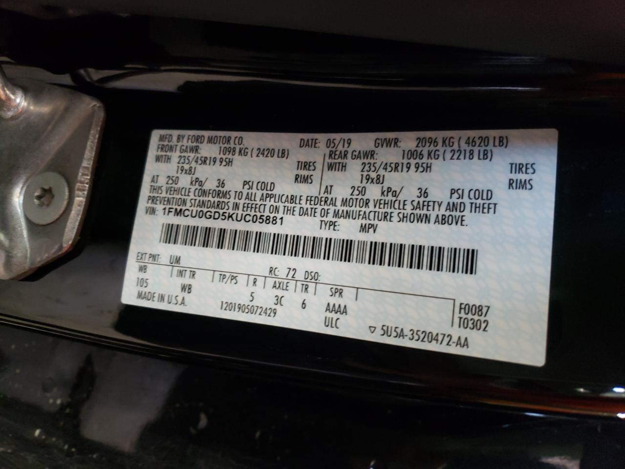 Photo 10 from auction – 2019 FORD ESCAPE SE with VIN 1FMCU0GD5KUC05881