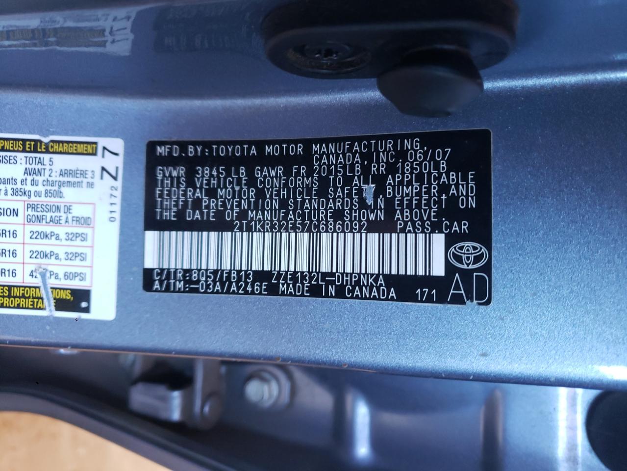 Photo 10 from auction – 2007 TOYOTA COROLLA MA with VIN 2T1KR32E57C686092