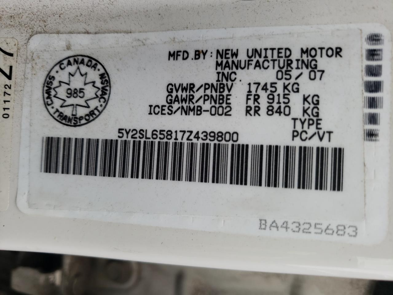 Photo 10 from auction – 2007 PONTIAC VIBE with VIN 5Y2SL65817Z439800