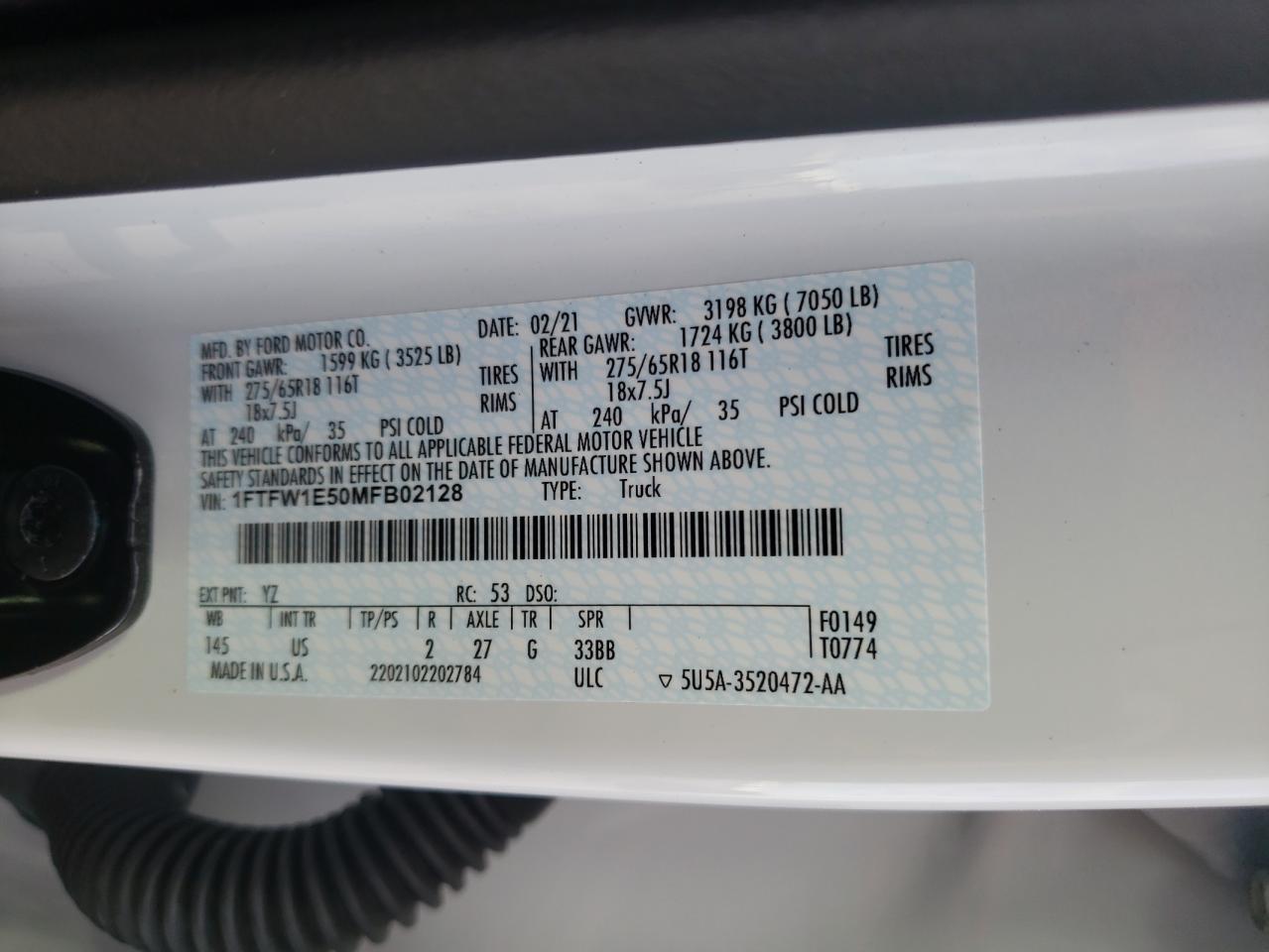Photo 10 from auction – 2021 FORD F150 SUPER with VIN 1FTFW1E50MFB02128