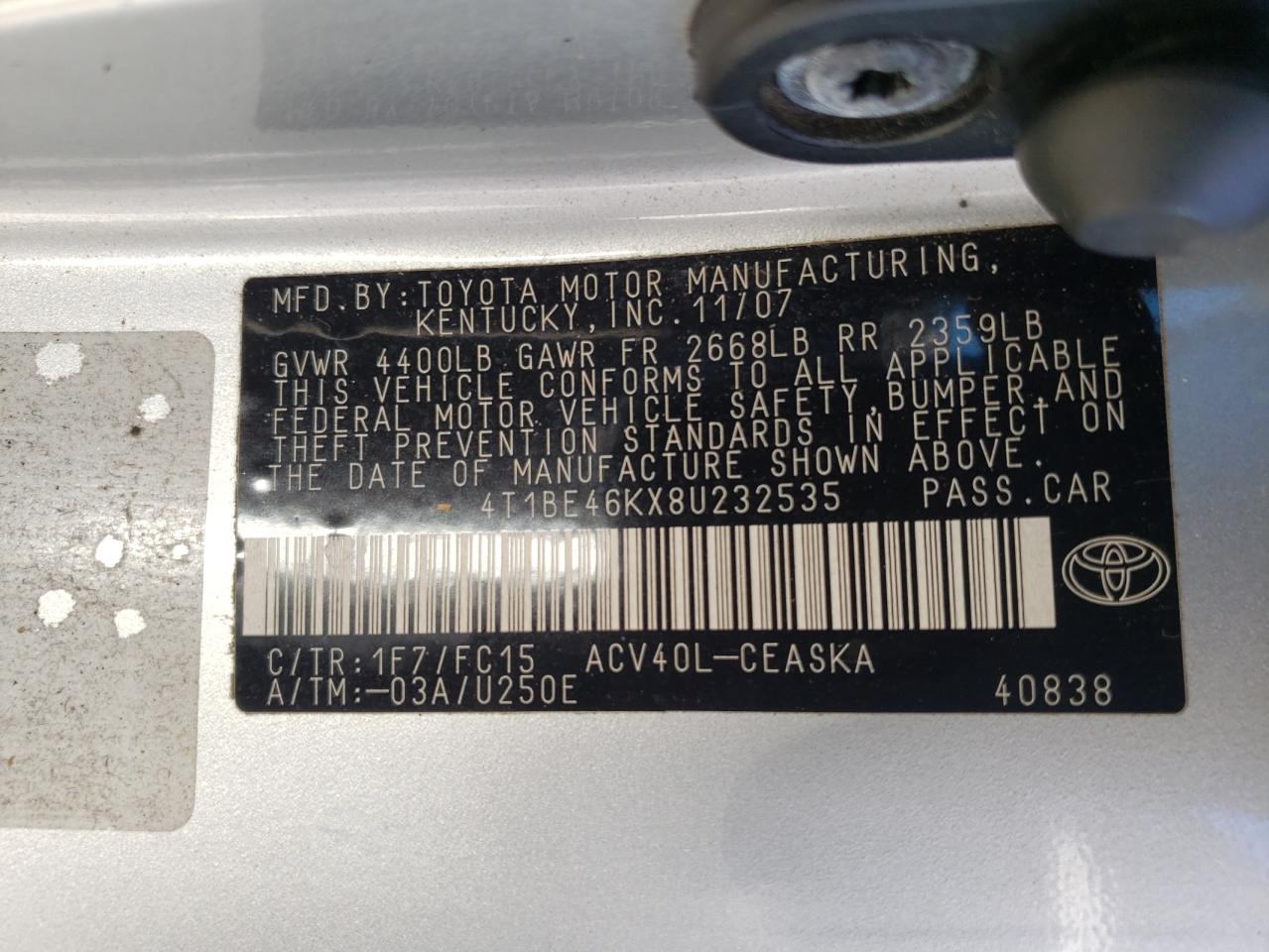Photo 10 from auction – 2008 TOYOTA CAMRY CE with VIN 4T1BE46KX8U232535