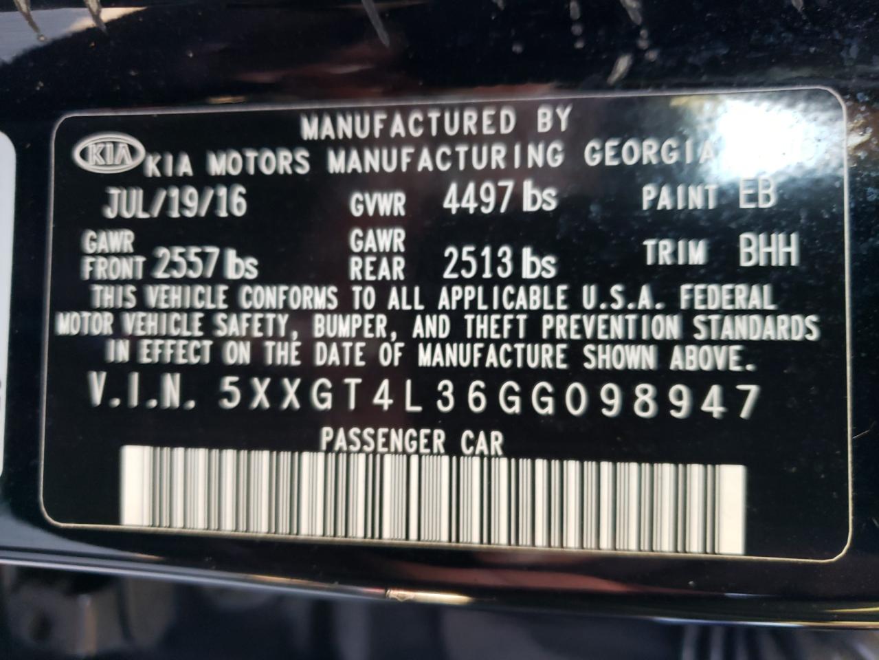 Photo 10 from auction – 2016 KIA OPTIMA LX with VIN 5XXGT4L36GG098947