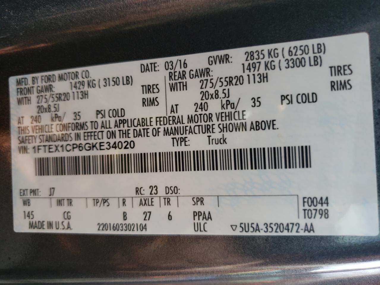Photo 10 from auction – 2016 FORD F150 SUPER with VIN 1FTEX1CP6GKE34020