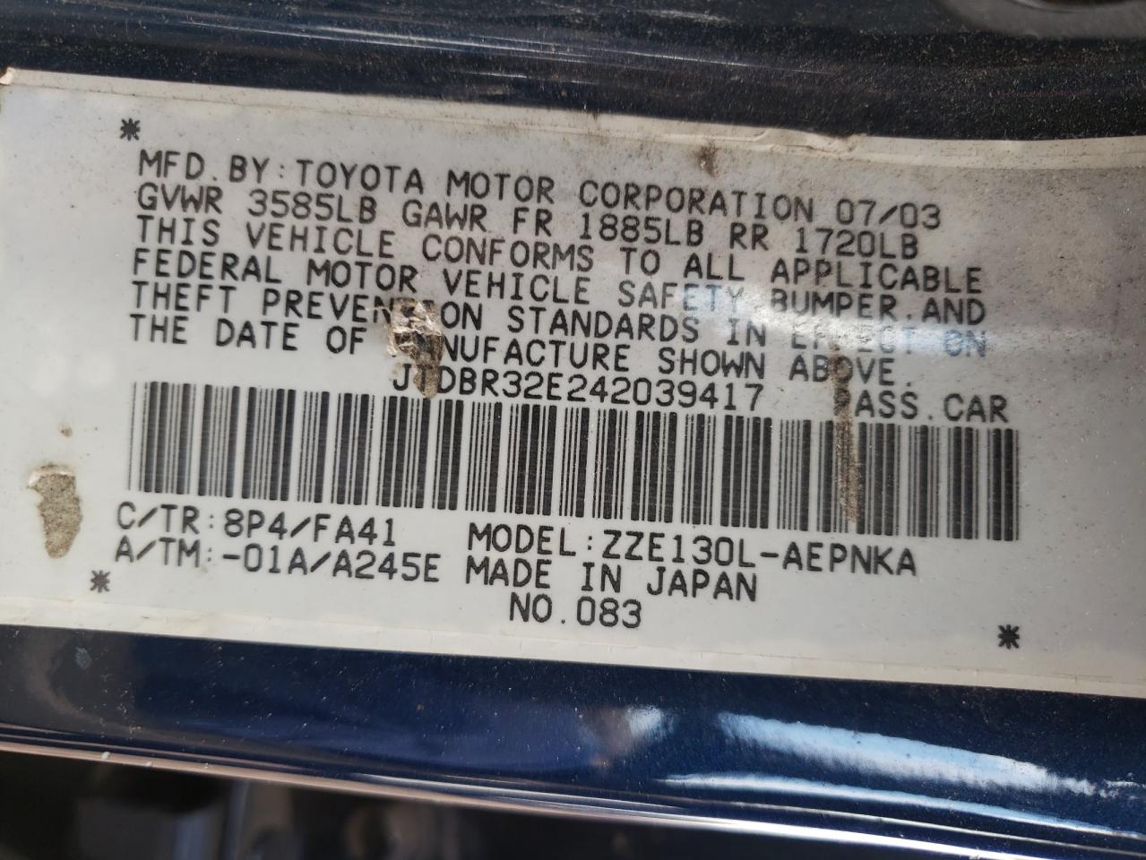 Photo 10 from auction – 2004 TOYOTA COROLLA with VIN JTDBR32E242039417