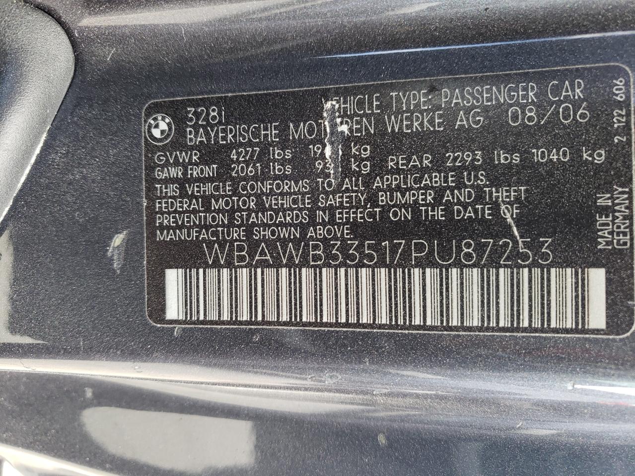 Photo 10 from auction – 2007 BMW 328 I with VIN WBAWB33517PU87253