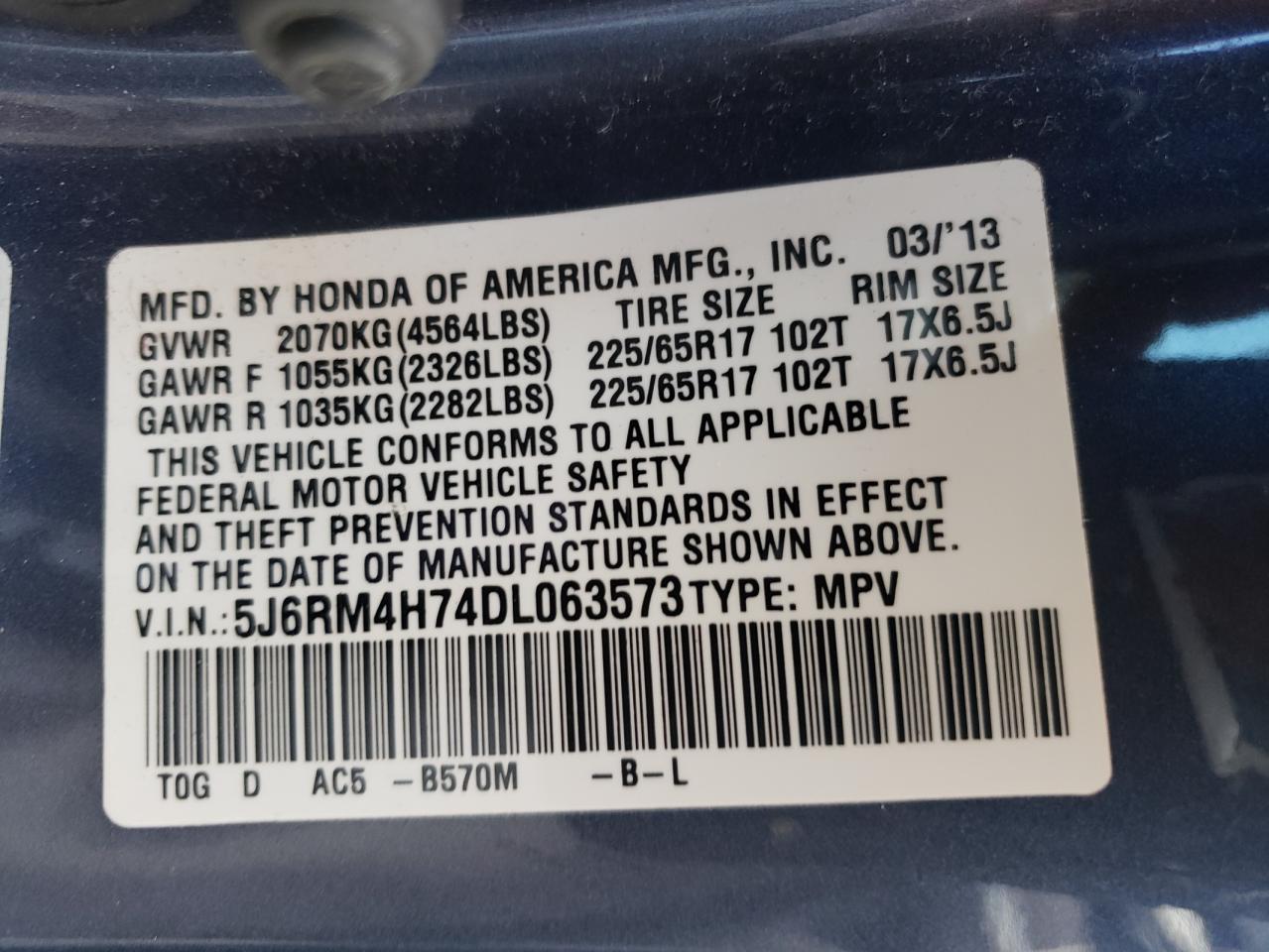 Photo 10 from auction – 2013 HONDA CR-V EXL with VIN 5J6RM4H74DL063573