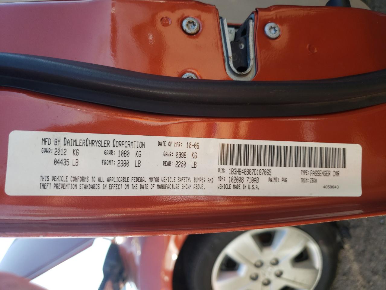 Photo 10 from auction – 2007 DODGE CALIBER SX with VIN 1B3HB48B87D187065