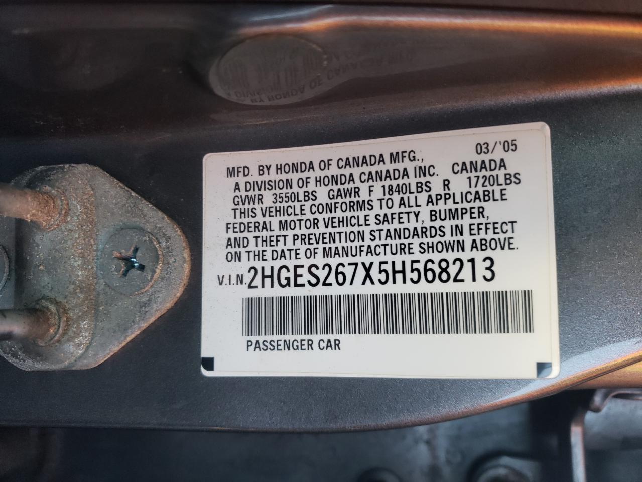 Photo 10 from auction – 2005 HONDA CIVIC EX with VIN 2HGES267X5H568213