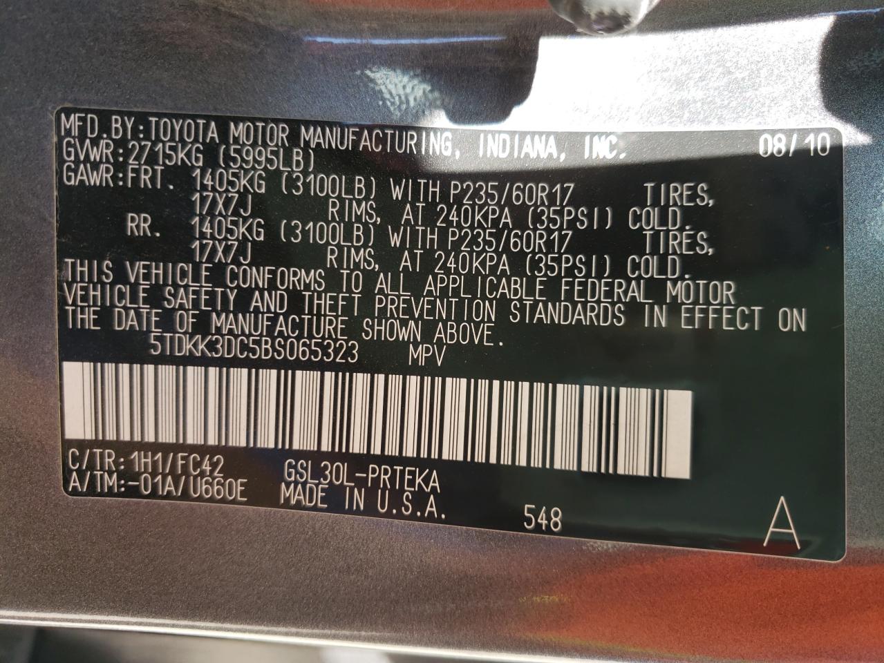 Photo 10 from auction – 2011 TOYOTA SIENNA LE with VIN 5TDKK3DC5BS065323