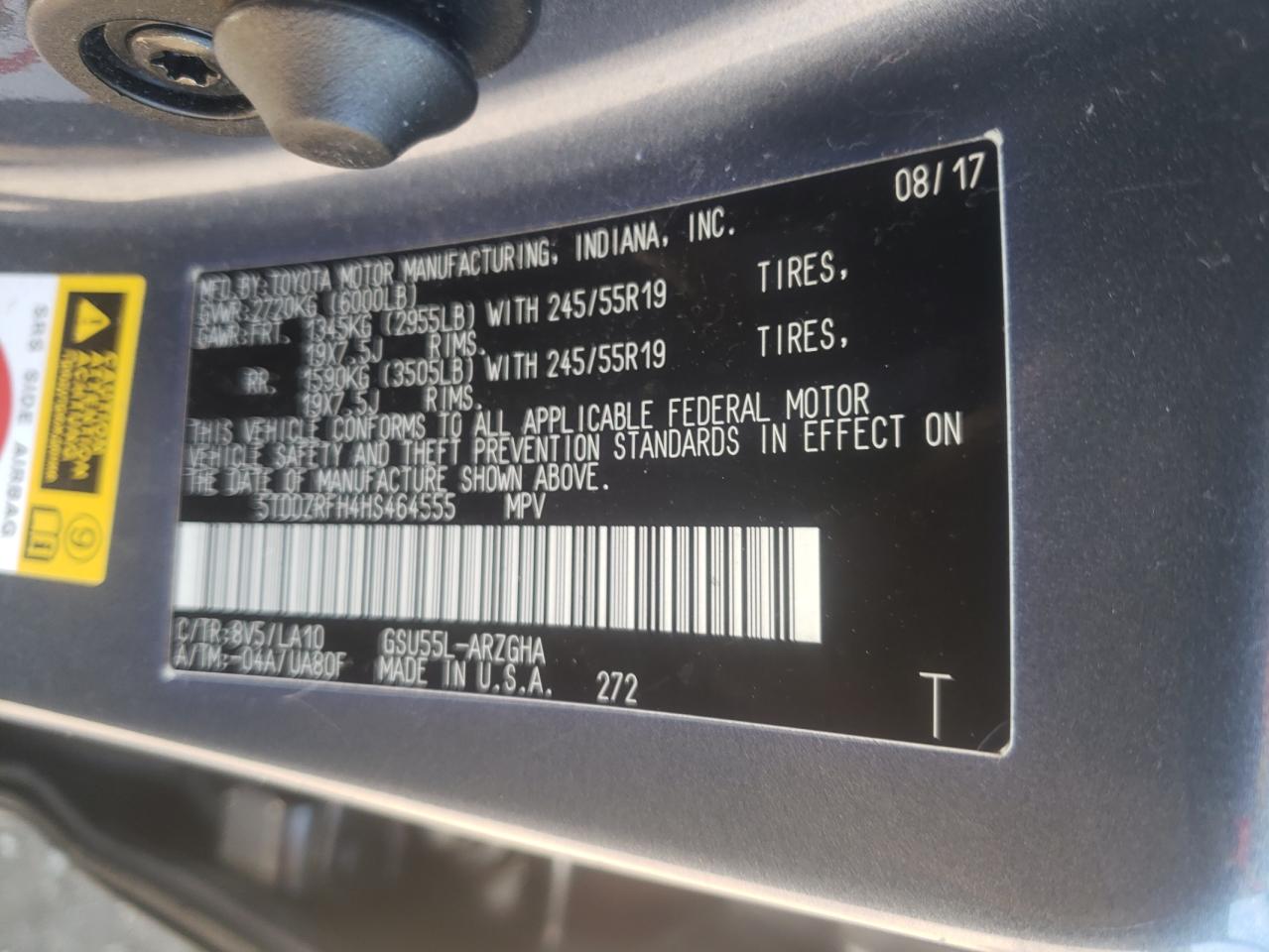 Photo 10 from auction – 2017 TOYOTA HIGHLANDER with VIN 5TDDZRFH4HS464555