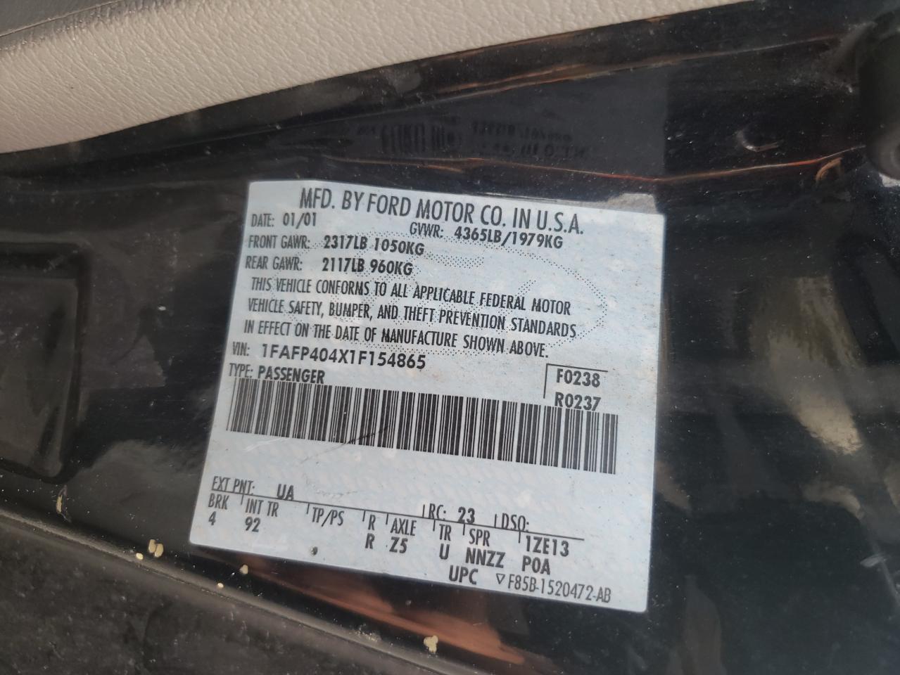 Photo 10 from auction – 2001 FORD MUSTANG with VIN 1FAFP404X1F154865