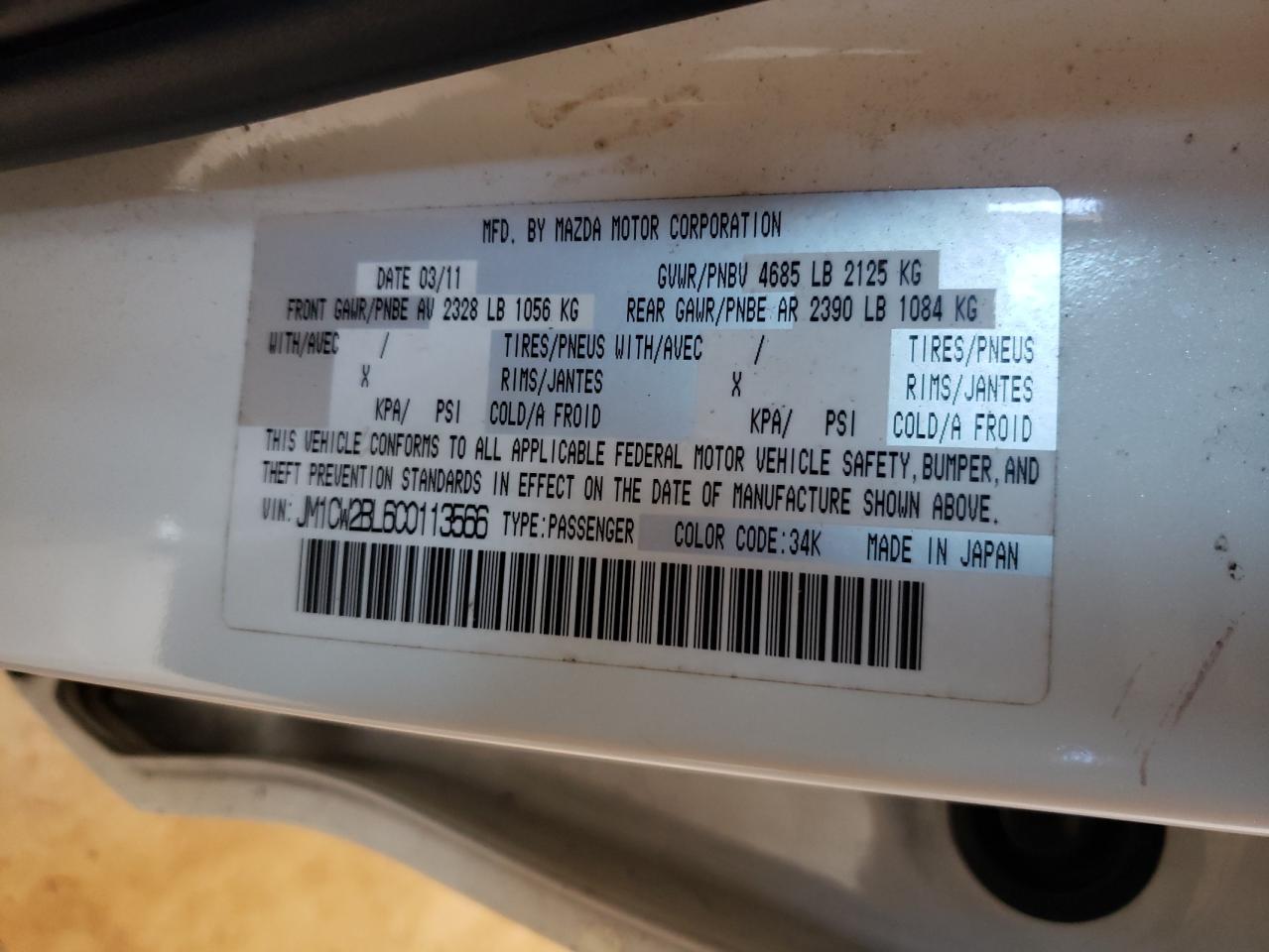 Photo 10 from auction – 2012 MAZDA 5 with VIN JM1CW2BL6C0113566
