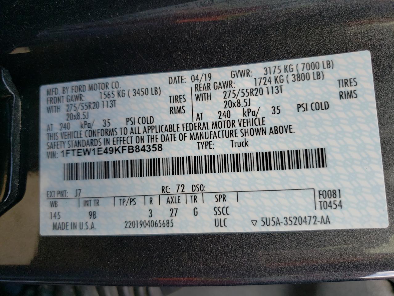 Photo 10 from auction – 2019 FORD F150 SUPER with VIN 1FTEW1E49KFB84358