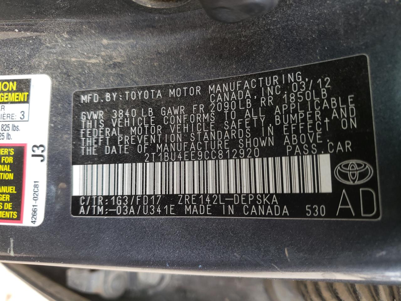 Photo 10 from auction – 2012 TOYOTA COROLLA BA with VIN 2T1BU4EE9CC812920