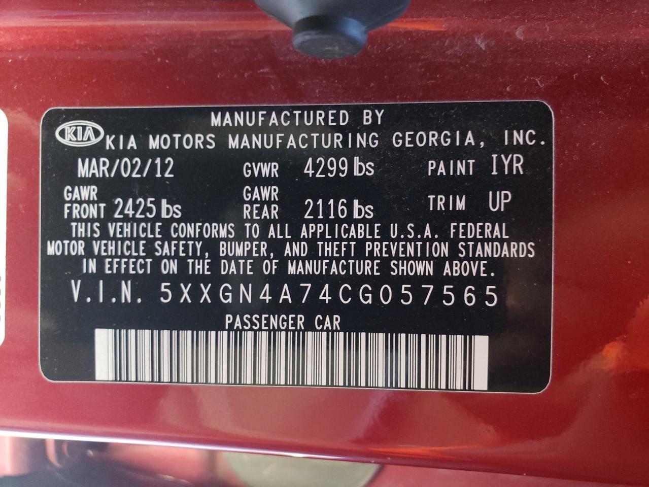 Photo 10 from auction – 2012 KIA OPTIMA EX with VIN 5XXGN4A74CG057565