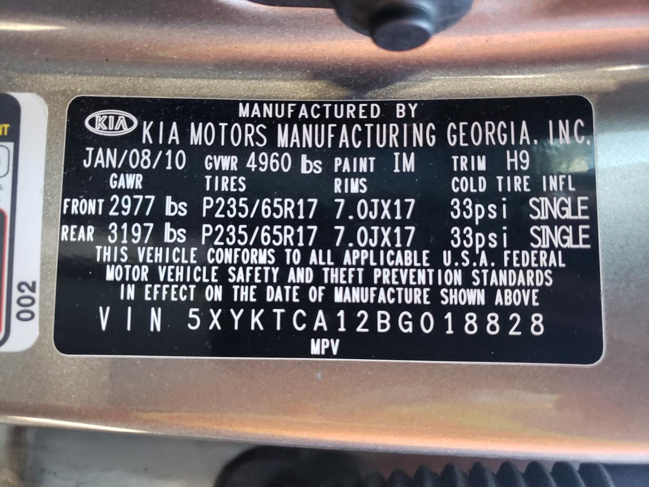 Photo 10 from auction – 2011 KIA SORENTO BA with VIN 5XYKTCA12BG018828